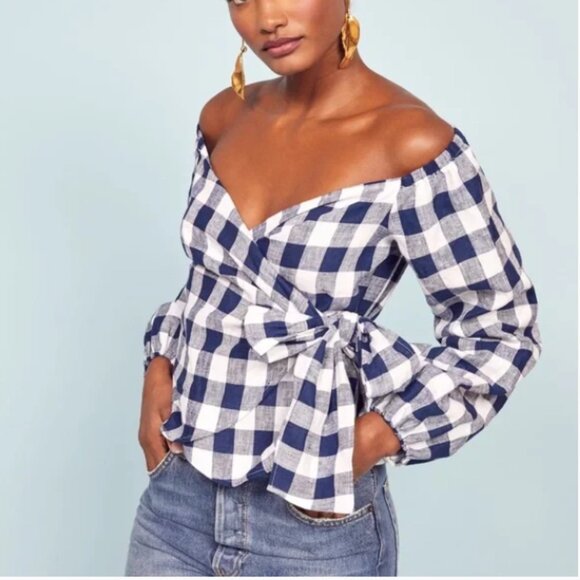 Reformation Hart Wrap Top Blue White Gingham Print Linen Small - Picture 3 of 8